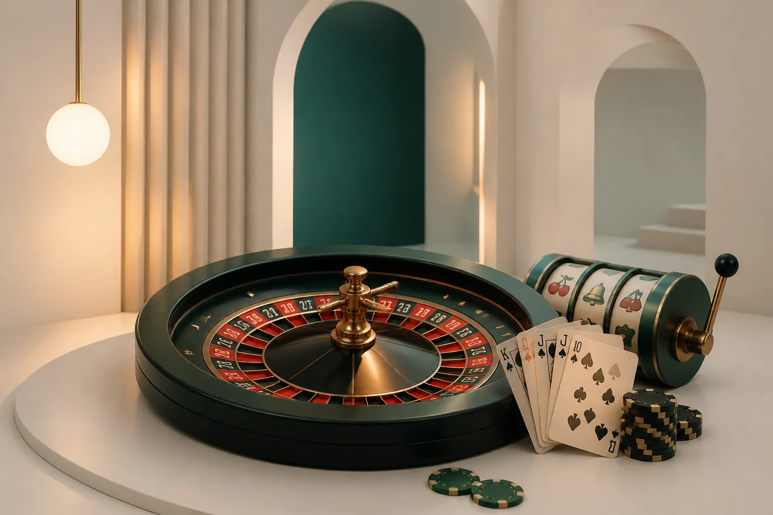 Cena editorial de cassino digital com roleta, cartas e luzes em verde e âmbar