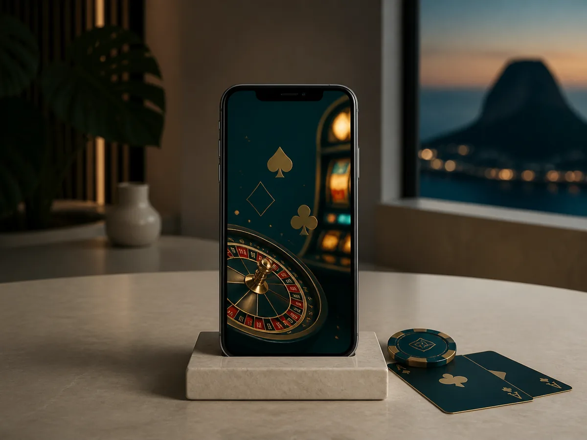 Celular em suporte com símbolos genéricos de cassino em tela abstrata