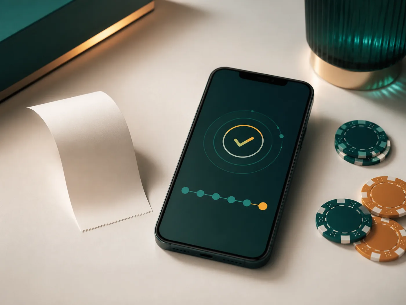 Celular, comprovante abstrato e fichas ilustram conferência de pagamento